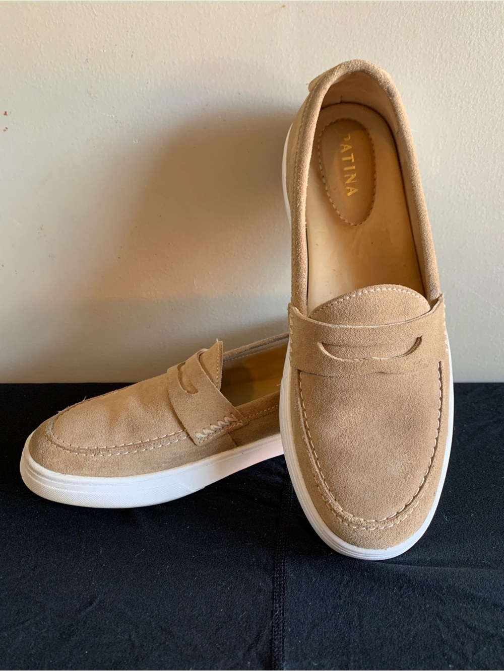 Patina Tan Suede Penny Loafers for Women